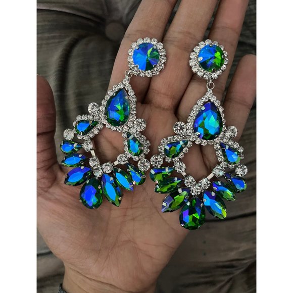 Big Blue green earrings large crystal chandelier rhinestone crystal 3.6” long - Picture 5 of 8